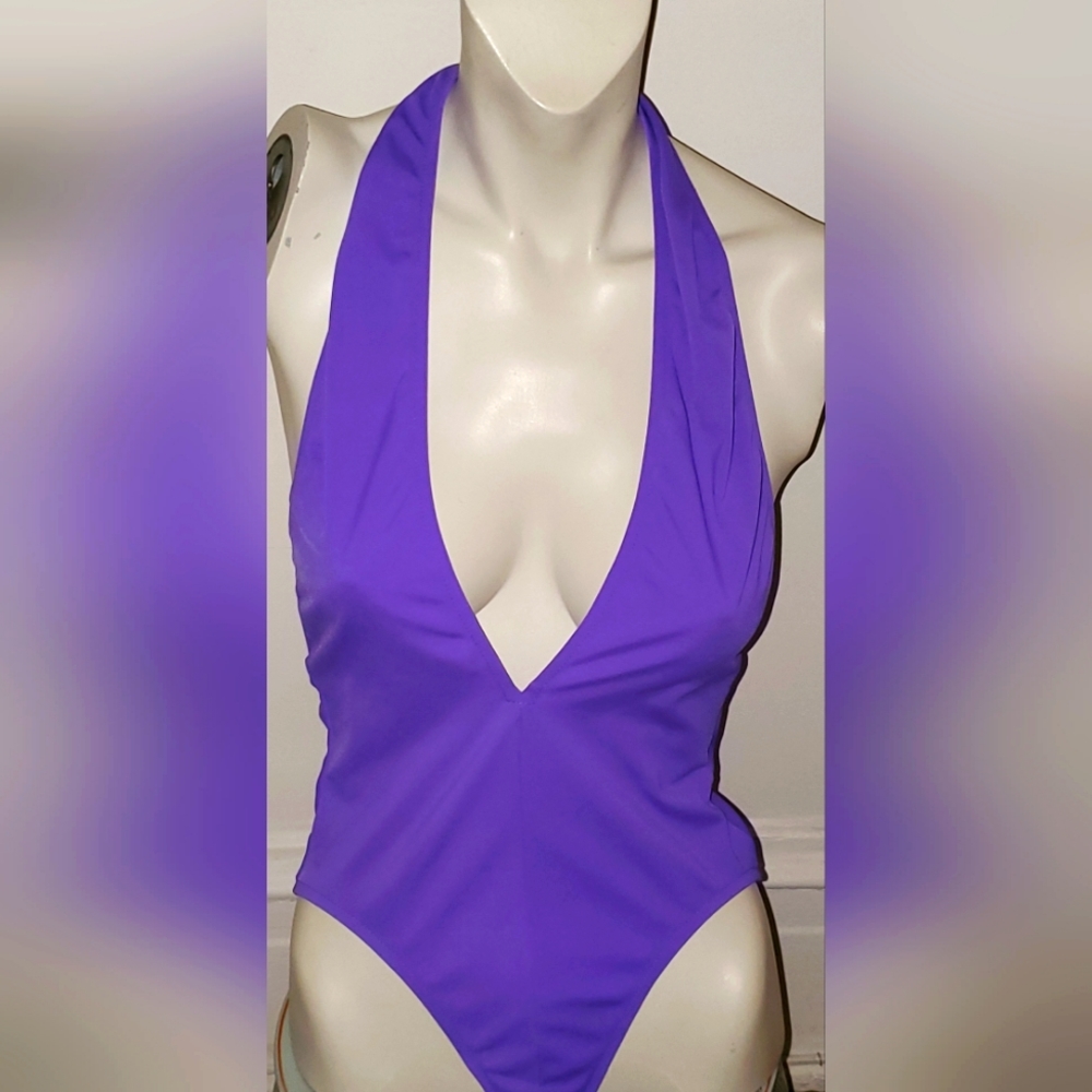 NORMA KAMALI OMO VIOLET PURPLE 💜 ONE PIECE SWIMSUIT MAILLOT PLUNGING NECKLINE